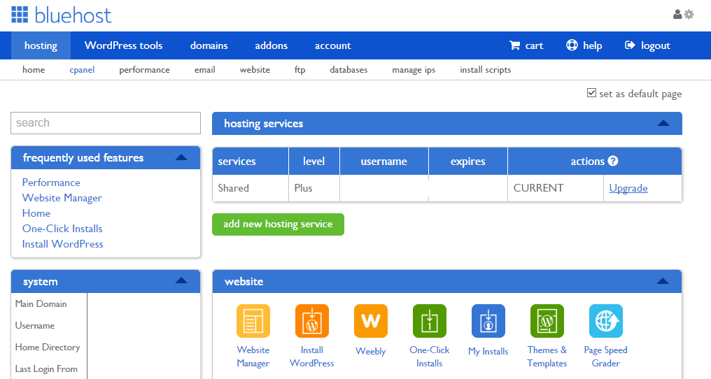 BlueHost cpanel