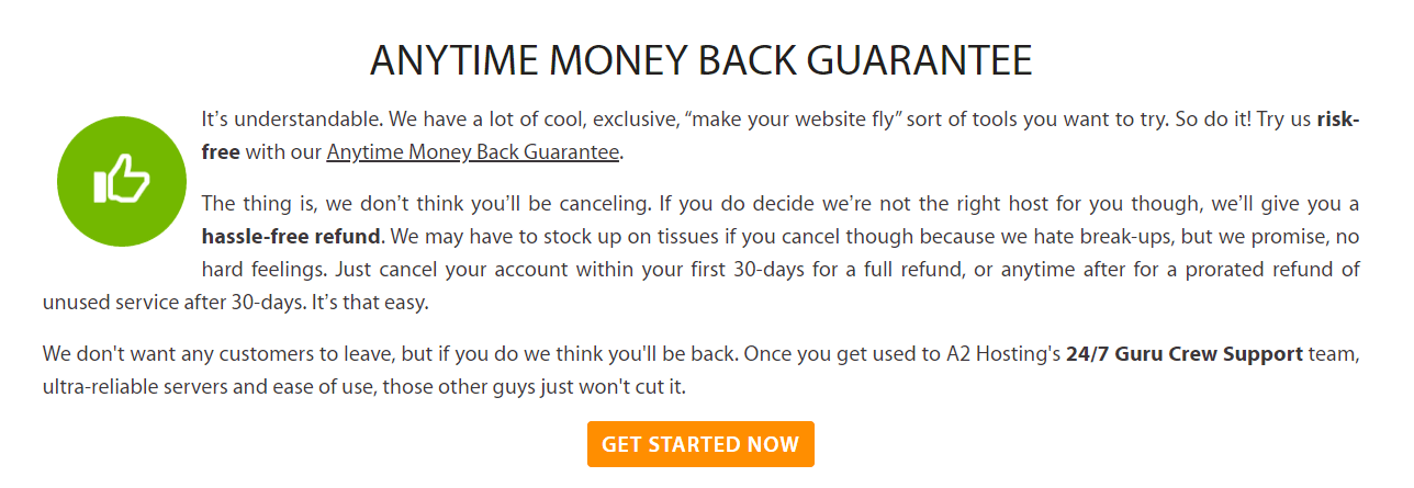 A2 Hosting money-back guarantee