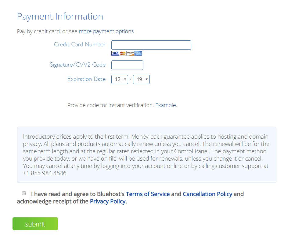 hosting payment information