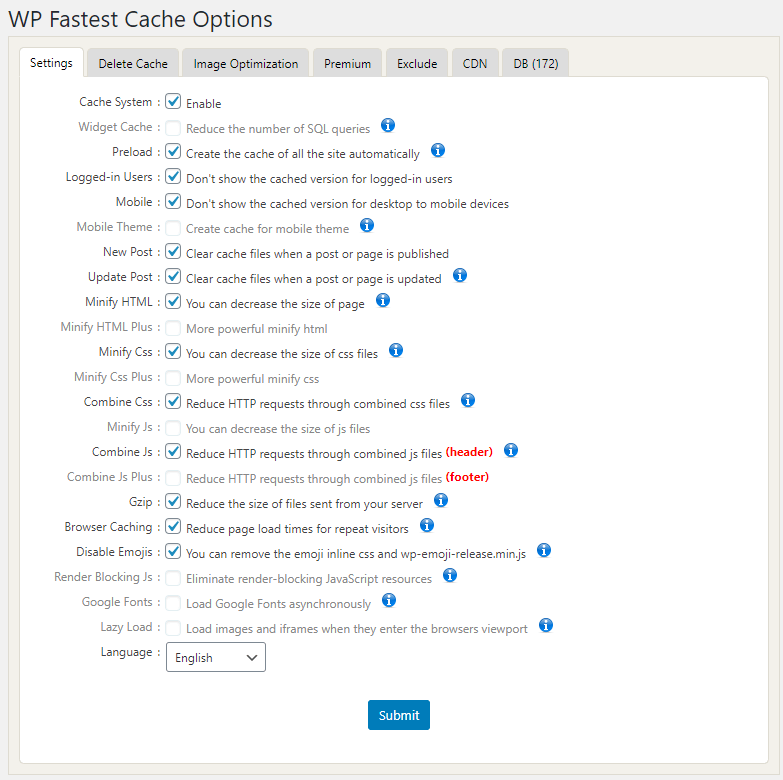 WP Fastest Cache options